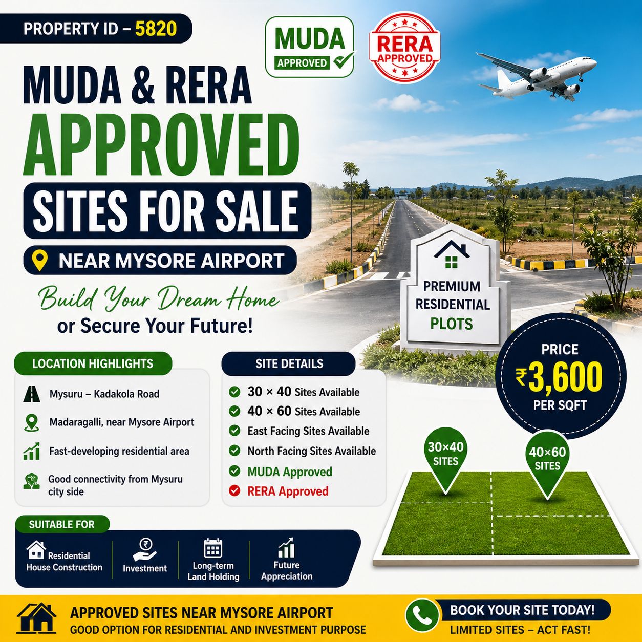 🆔 *PROPERTY ID – 5820* 🏡 *MUDA & RERA Approved Sites for Sale – Near Mysore _ Airport*